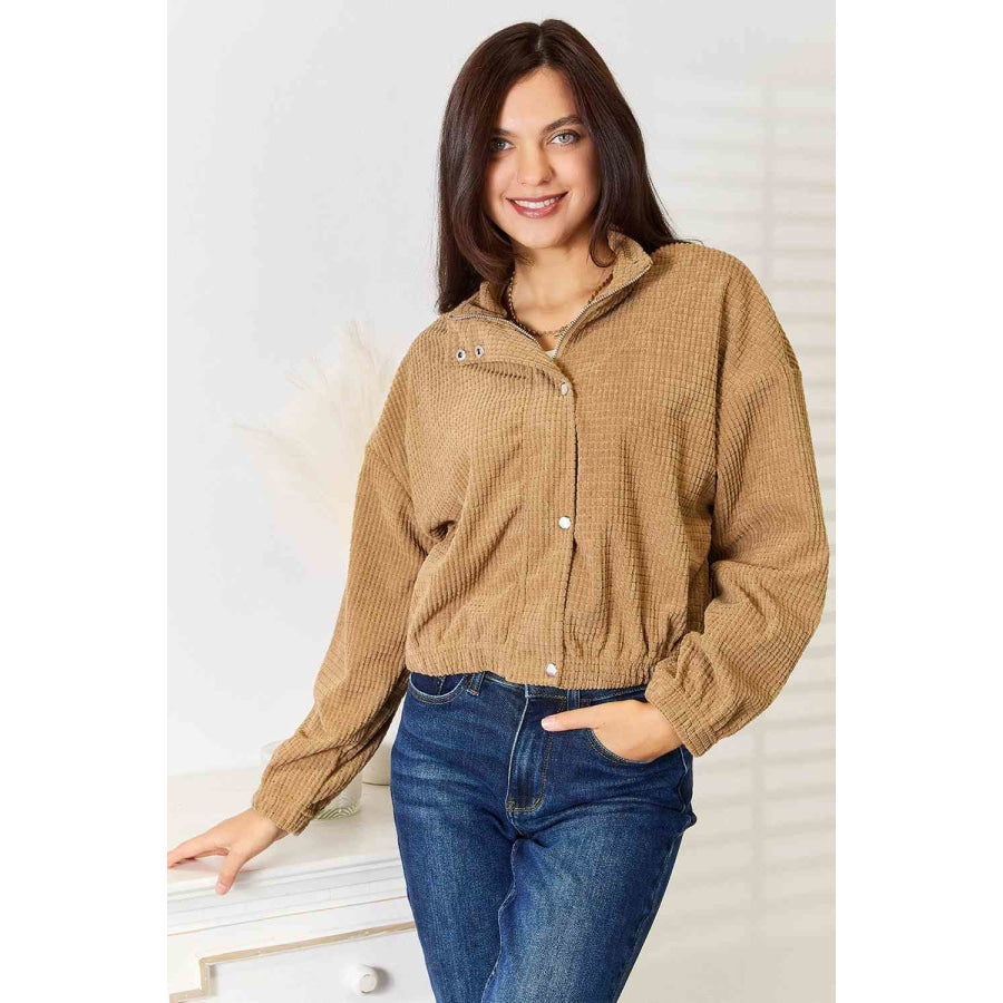 Double Take Long Sleeve Dropped Shoulder Jacket Camel / S