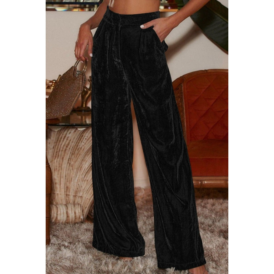 Double Take Loose Fit High Waist Long Pants with Pockets Black / S