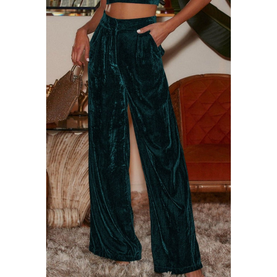 Double Take Loose Fit High Waist Long Pants with Pockets Green / S