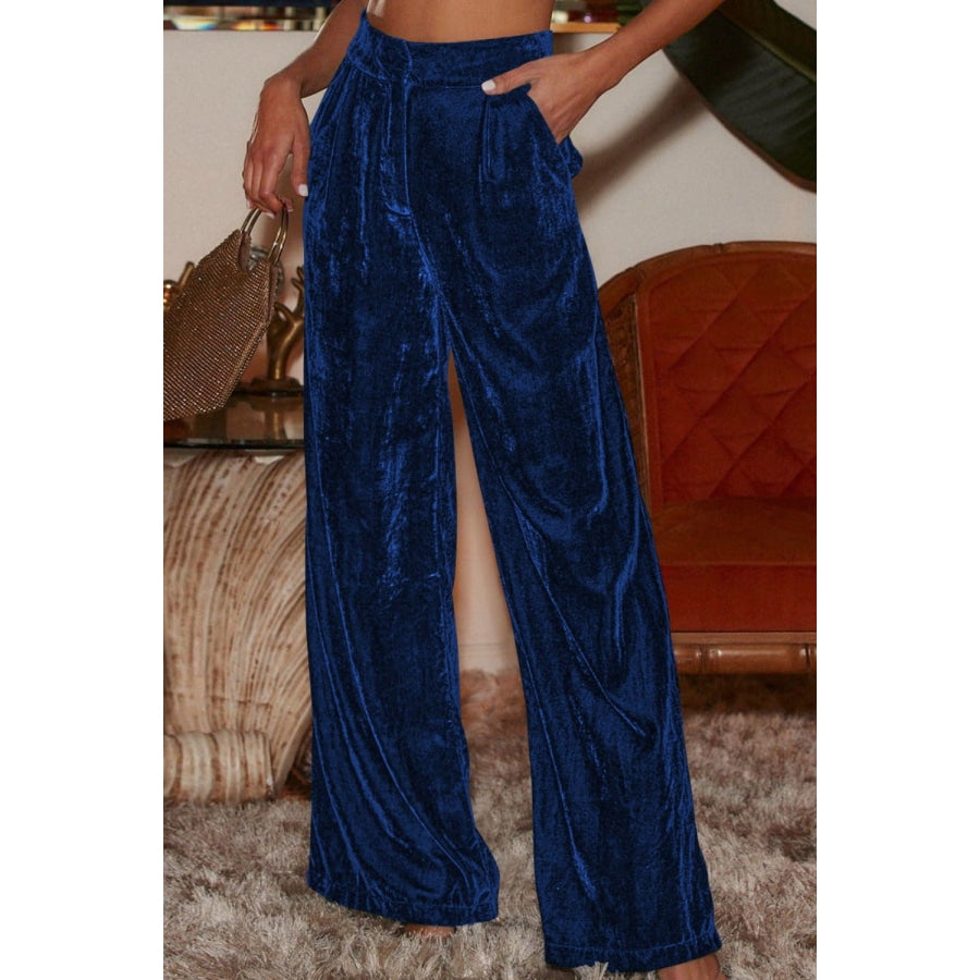 Double Take Loose Fit High Waist Long Pants with Pockets Navy / S