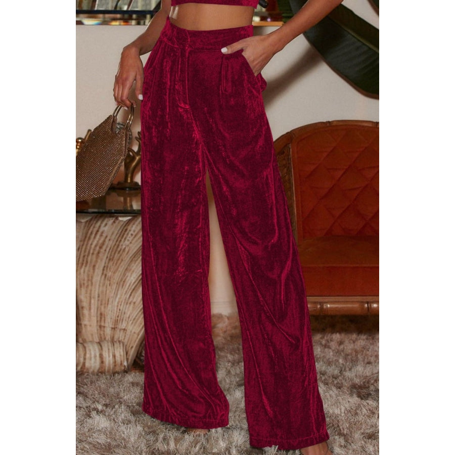 Double Take Loose Fit High Waist Long Pants with Pockets Wine / S