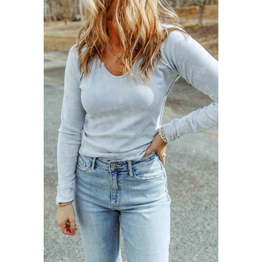 Double Take Mineral Wash Exposed Seam Long Sleeve Top Apparel and Accessories