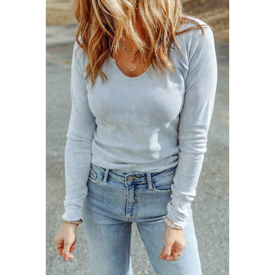 Double Take Mineral Wash Exposed Seam Long Sleeve Top Apparel and Accessories