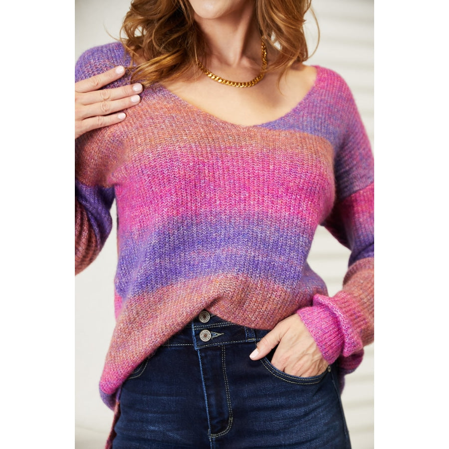Double Take Multicolored Rib-Knit V-Neck Knit Pullover