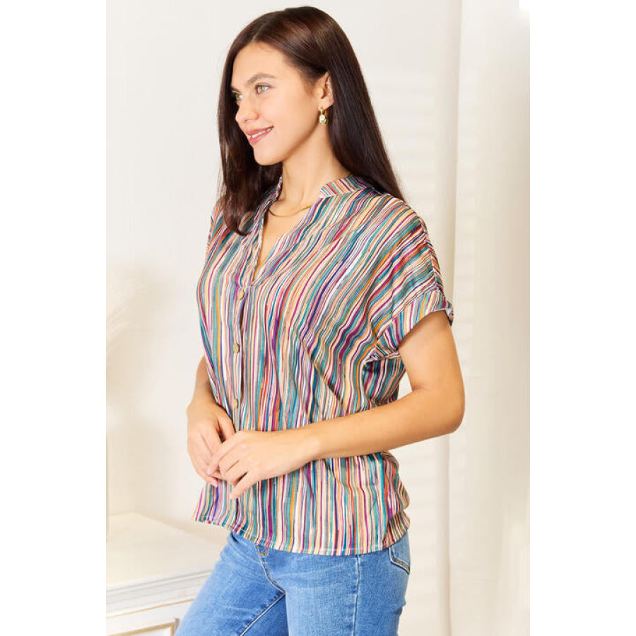 Double Take Multicolored Stripe Notched Neck Top Apparel and Accessories