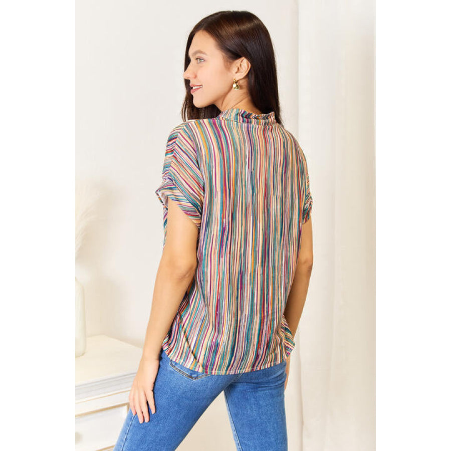 Double Take Multicolored Stripe Notched Neck Top Apparel and Accessories