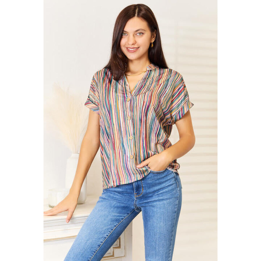Double Take Multicolored Stripe Notched Neck Top Apparel and Accessories
