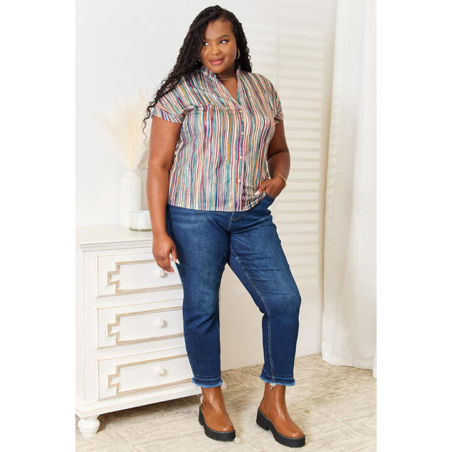 Double Take Multicolored Stripe Notched Neck Top Apparel and Accessories