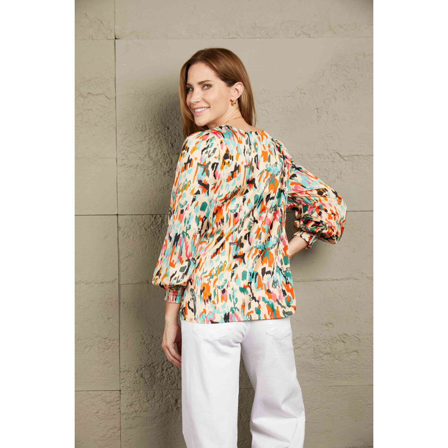 Double Take Multicolored V-Neck Lantern Sleeve Shirt Shirts & Tops