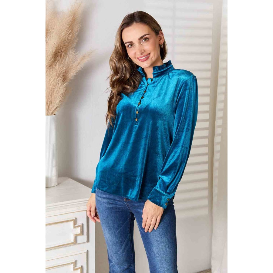 Double Take Notched Neck Buttoned Long Sleeve Blouse Turquoise / S