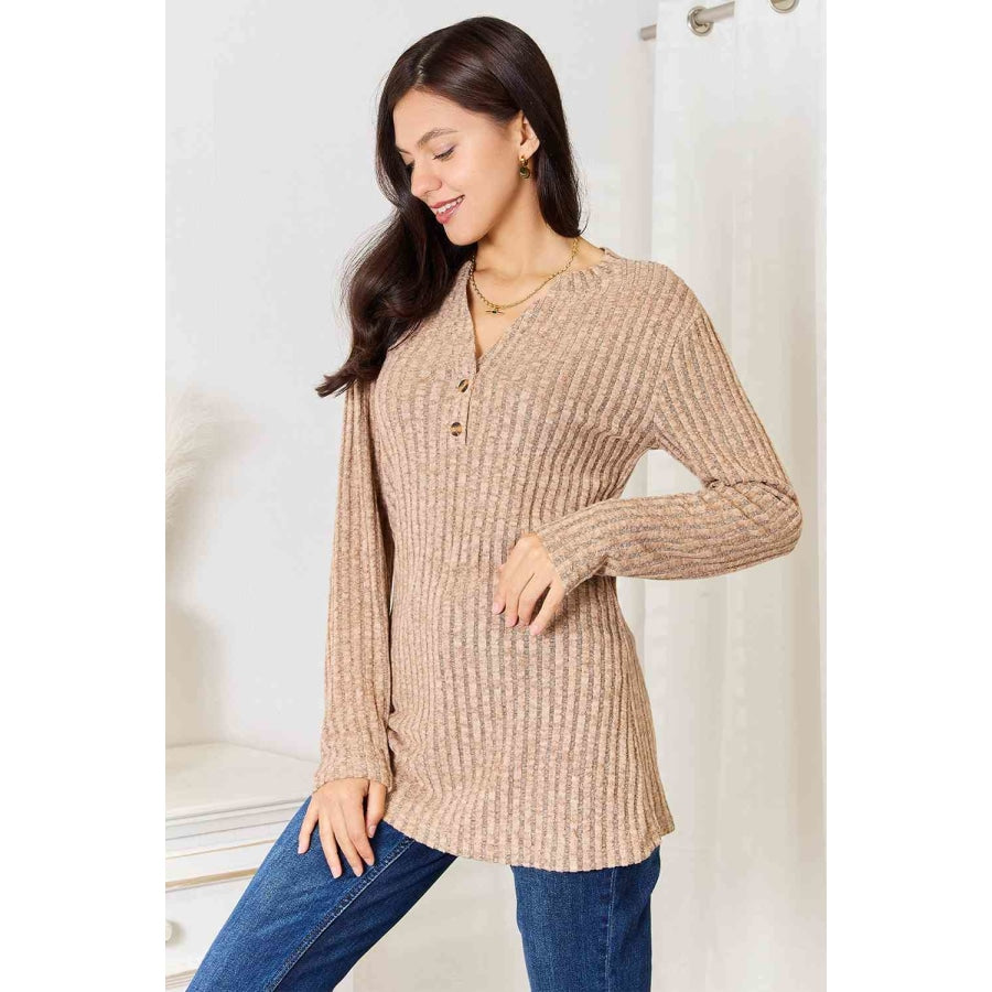 Double Take Notched Neck Ribbed Long Sleeve T-Shirt Clothing