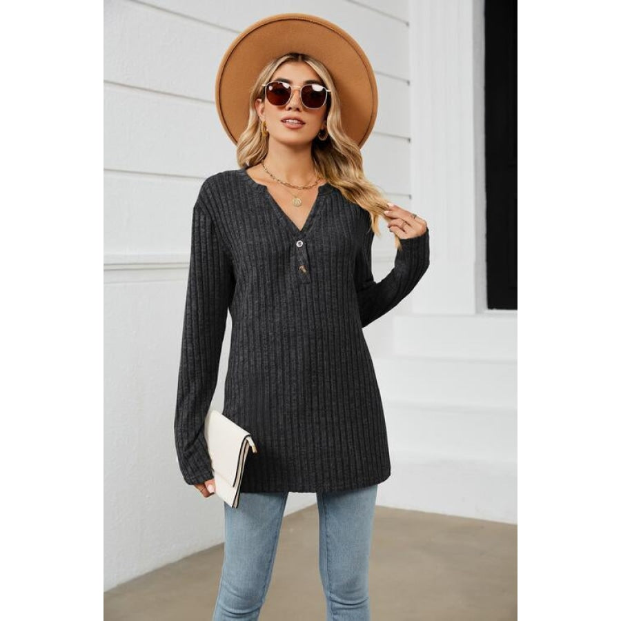 Double Take Notched Neck Ribbed Long Sleeve T-Shirt Clothing