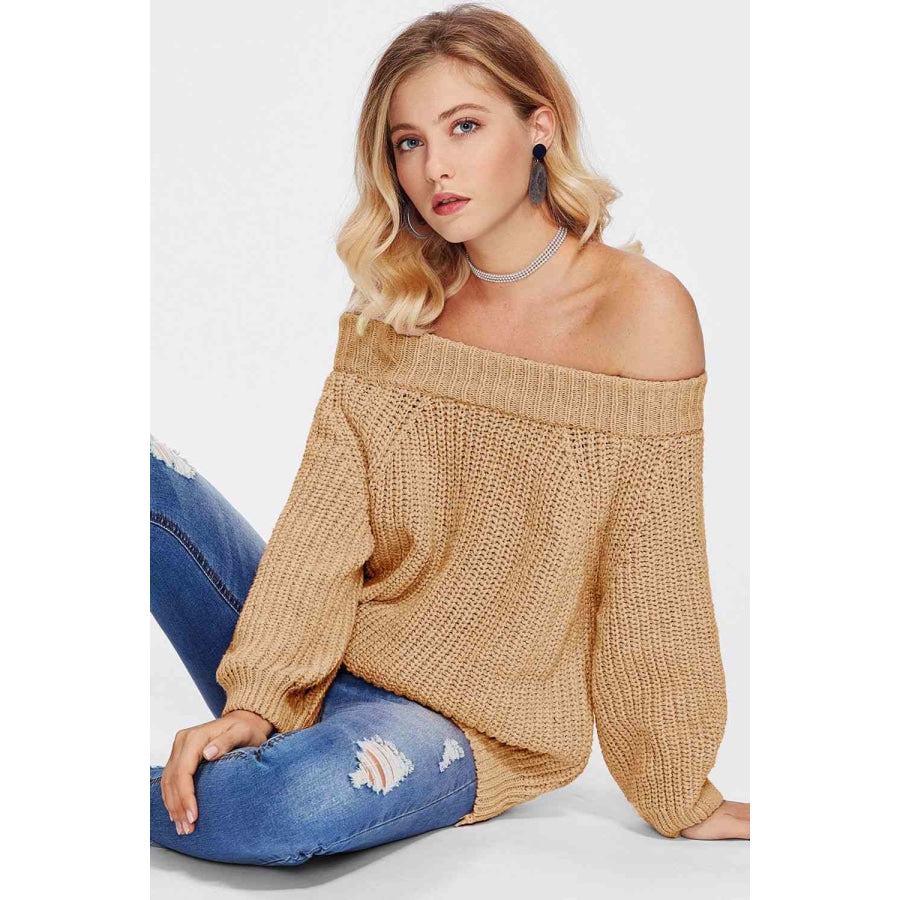 Double Take Off-Shoulder Long Sleeve Sweater Tan / One Size Sweater
