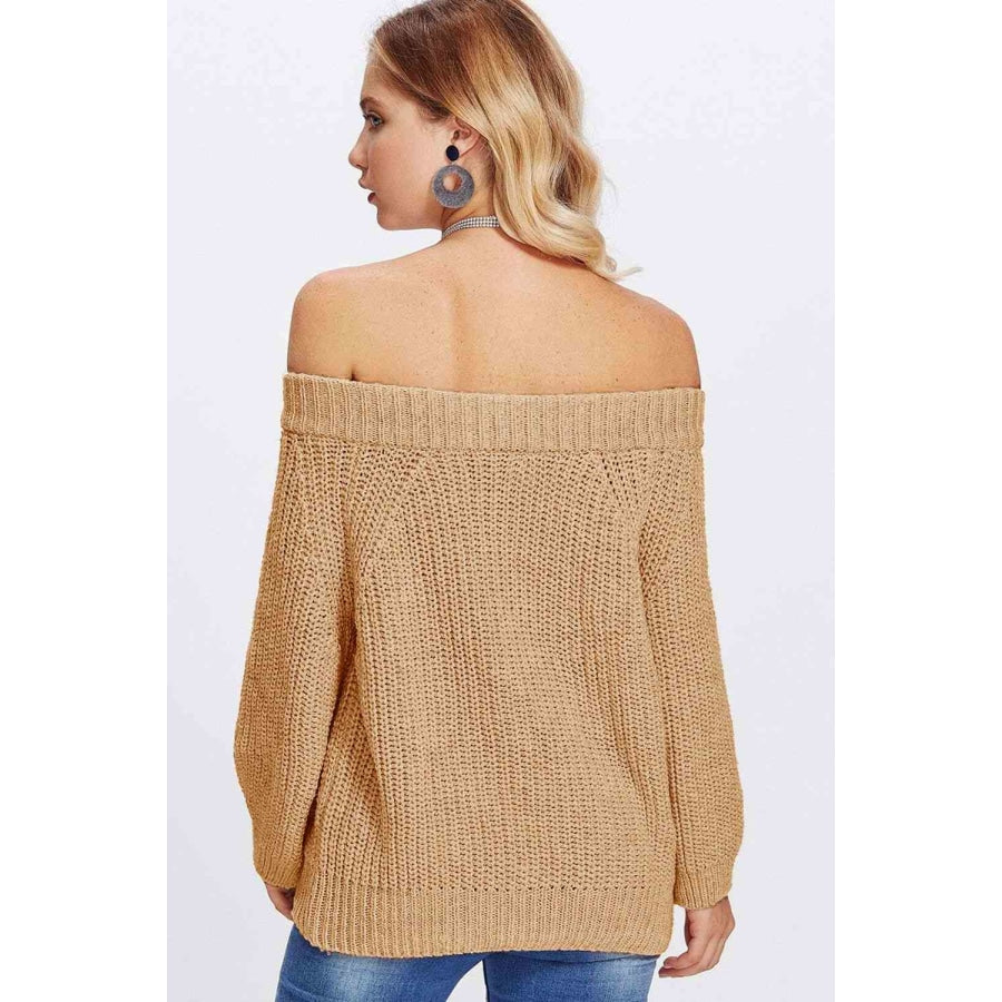 Double Take Off-Shoulder Long Sleeve Sweater Tan / One Size Sweater
