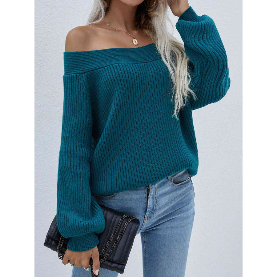 Double Take Off - Shoulder Rib - Knit Sweater Teal / S