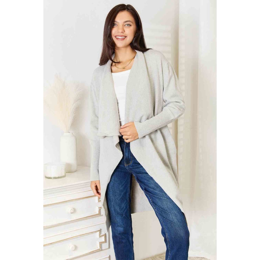 Double Take Open Front Duster Cardigan with Pockets Light Gray / S