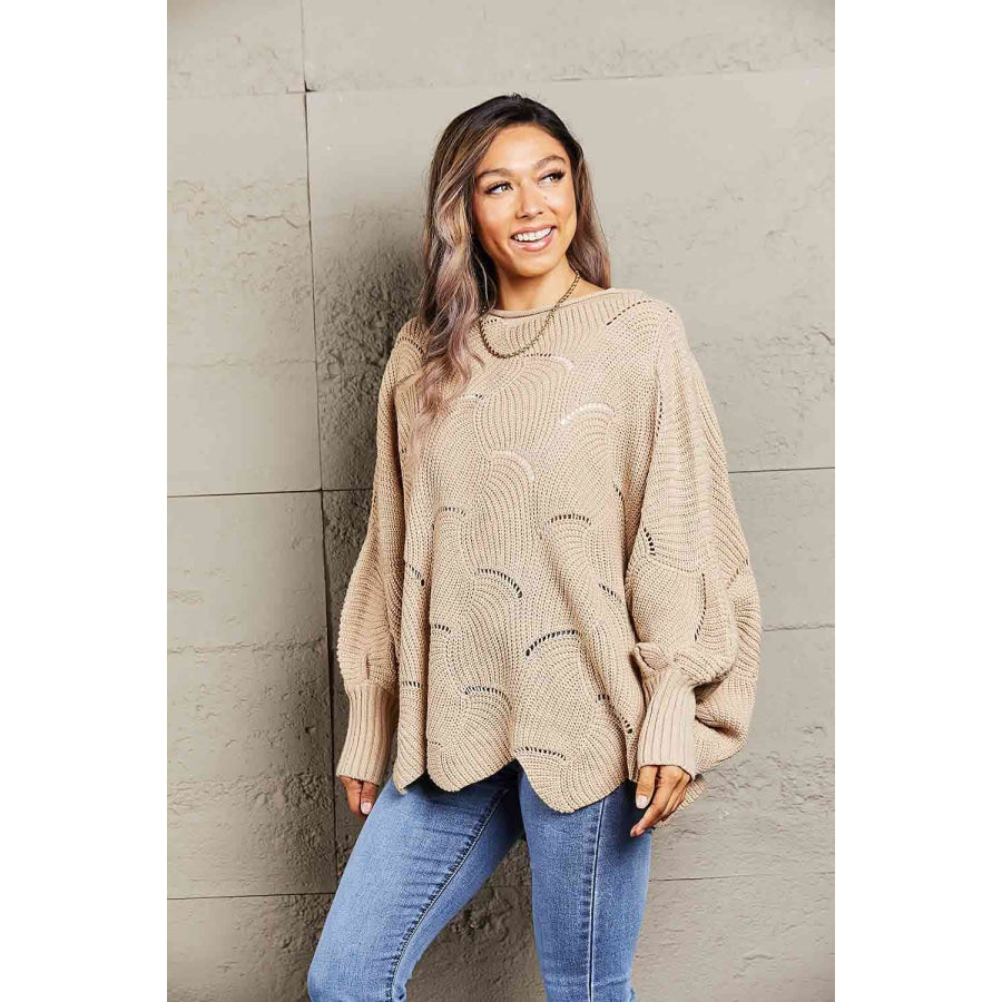 Double Take Openwork Boat Neck Sweater with Scalloped Hem Khaki / S Apparel and Accessories
