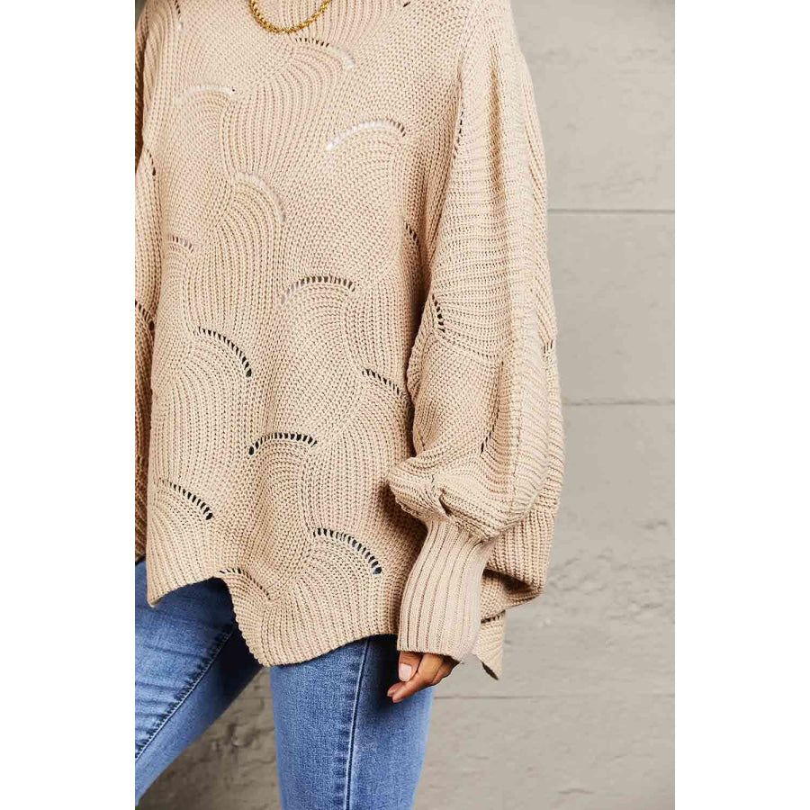 Double Take Openwork Boat Neck Sweater with Scalloped Hem Apparel and Accessories