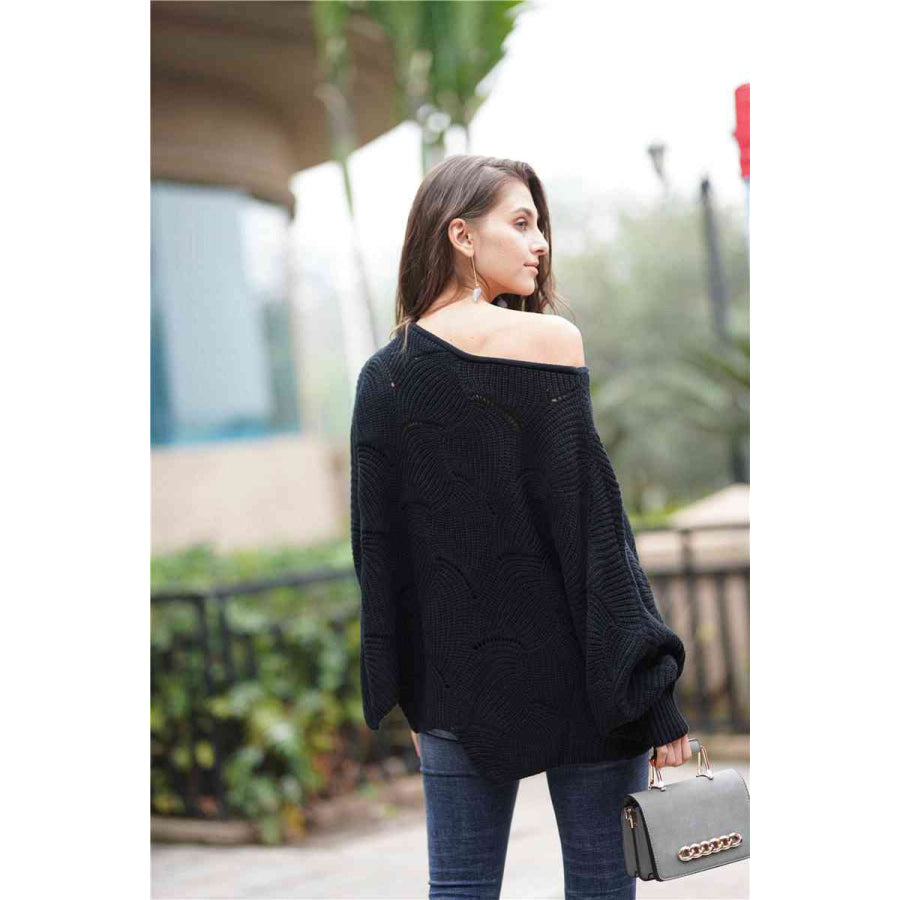 Double Take Openwork Boat Neck Sweater with Scalloped Hem Apparel and Accessories