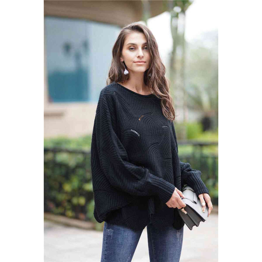 Double Take Openwork Boat Neck Sweater with Scalloped Hem Black / S Apparel and Accessories