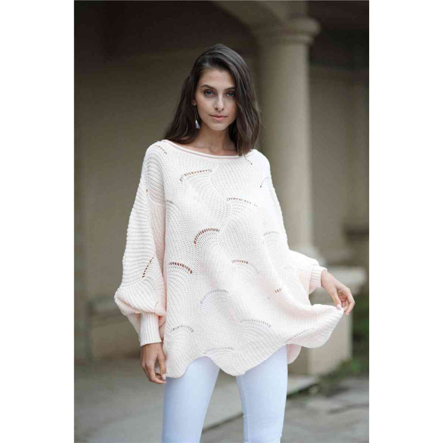 Double Take Openwork Boat Neck Sweater with Scalloped Hem Blush / S Apparel and Accessories