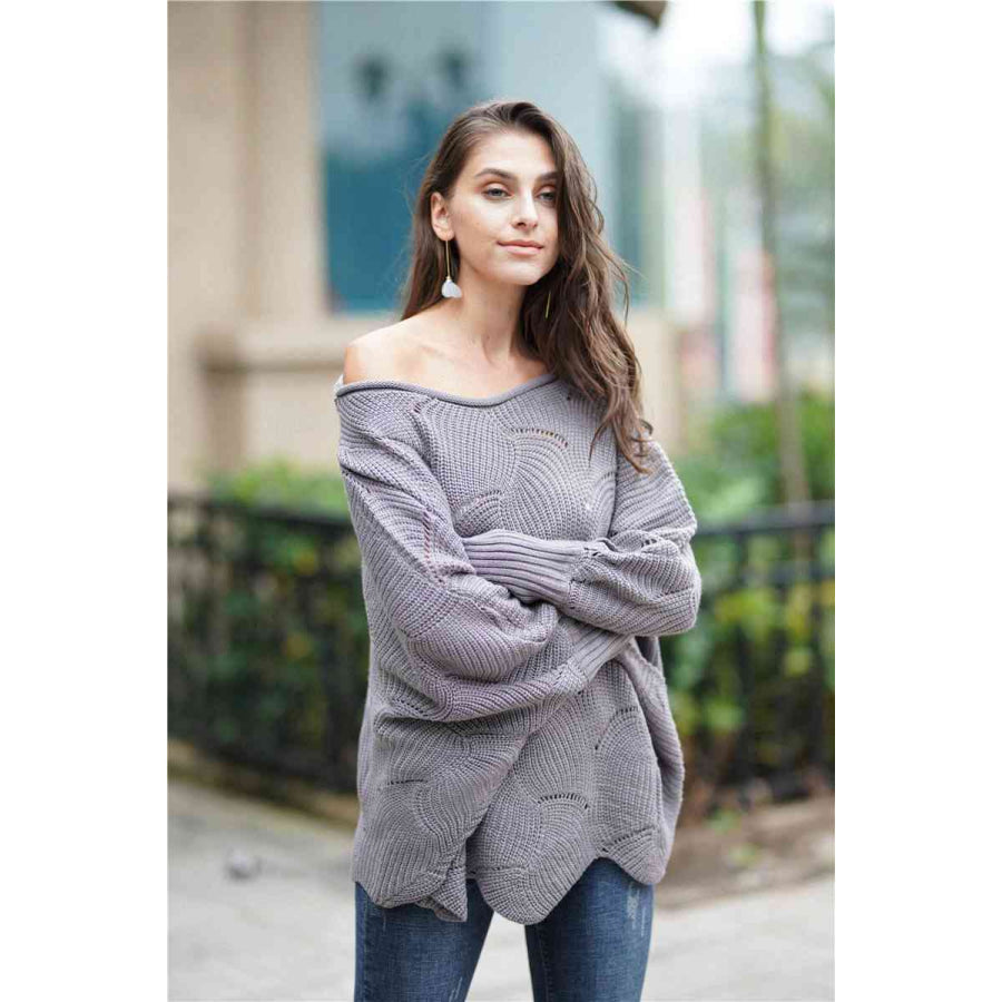 Double Take Openwork Boat Neck Sweater with Scalloped Hem Dark Gray / S Apparel and Accessories