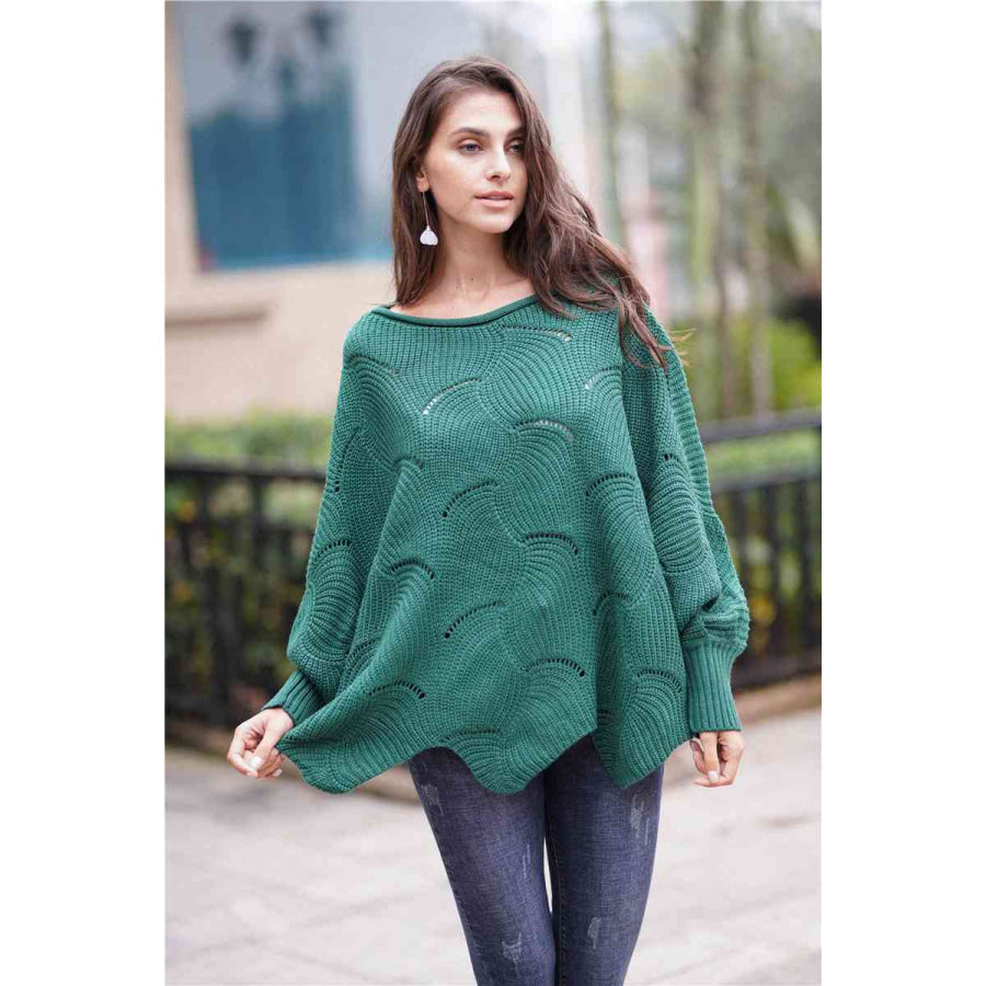 Double Take Openwork Boat Neck Sweater with Scalloped Hem Green / S Apparel and Accessories