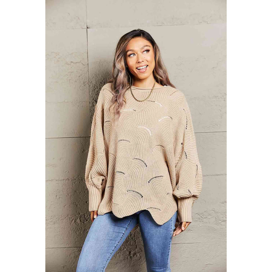 Double Take Openwork Boat Neck Sweater with Scalloped Hem Khaki / S Apparel and Accessories