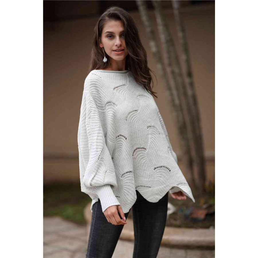 Double Take Openwork Boat Neck Sweater with Scalloped Hem Light Gray / S Apparel and Accessories