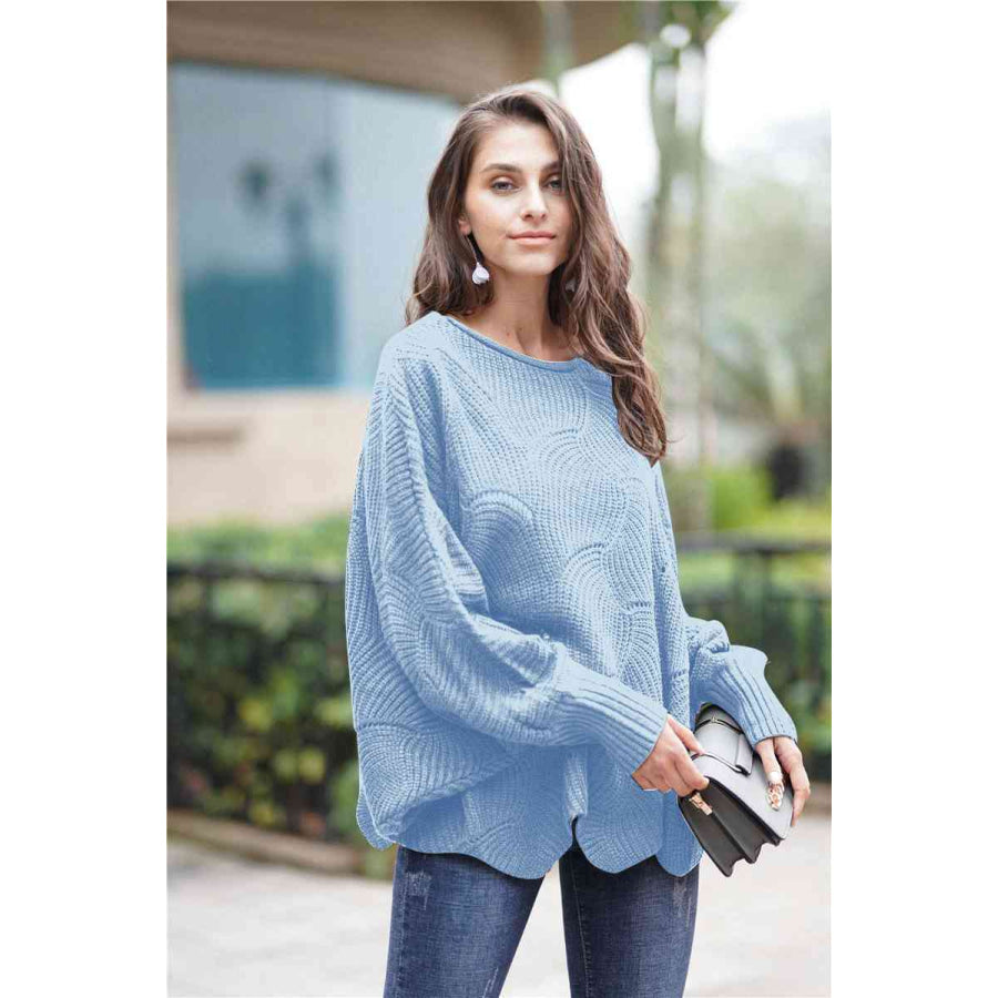 Double Take Openwork Boat Neck Sweater with Scalloped Hem Sky Blue / S Apparel and Accessories