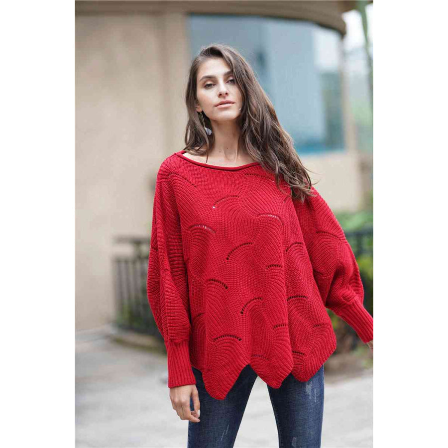 Double Take Openwork Boat Neck Sweater with Scalloped Hem Wine / S Apparel and Accessories