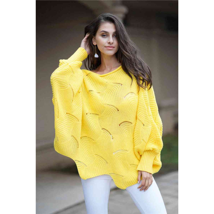 Double Take Openwork Boat Neck Sweater with Scalloped Hem Yellow / S Apparel and Accessories