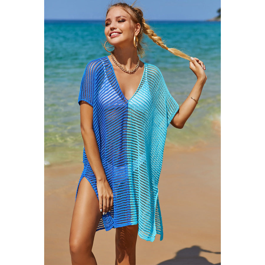 Double Take Openwork Contrast Slit Knit Cover Up Apparel and Accessories