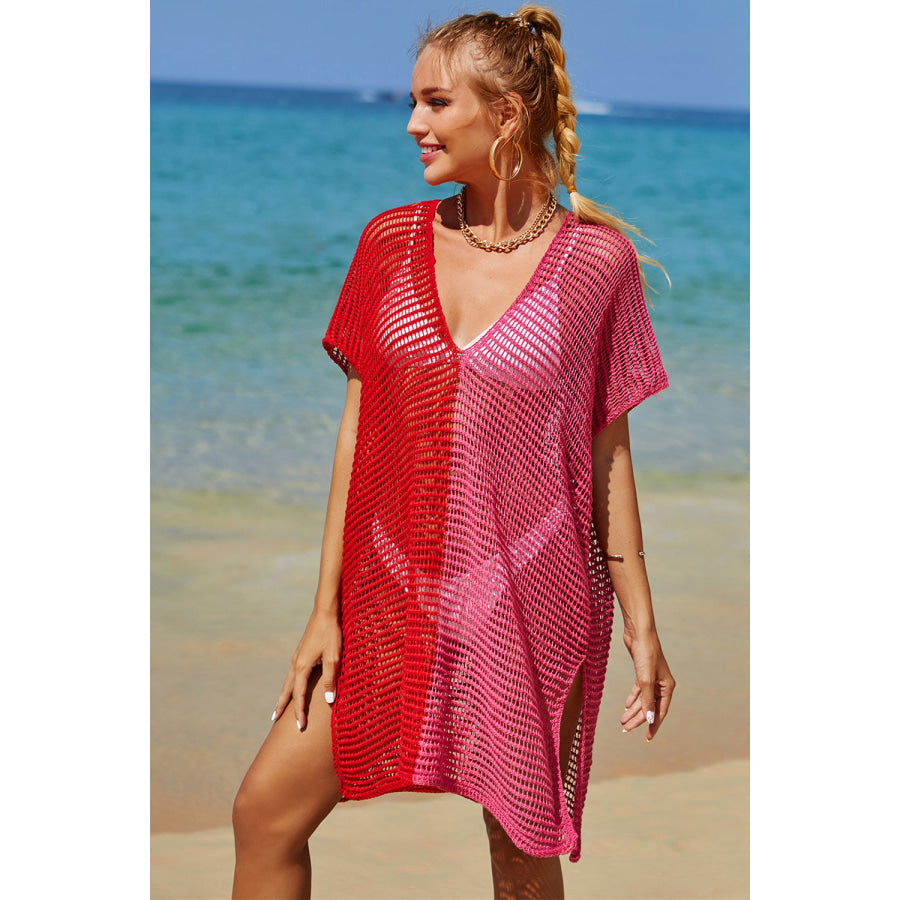 Double Take Openwork Contrast Slit Knit Cover Up Apparel and Accessories