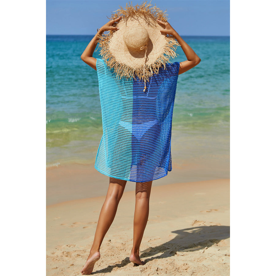 Double Take Openwork Contrast Slit Knit Cover Up Ultra marine / One Size Apparel and Accessories