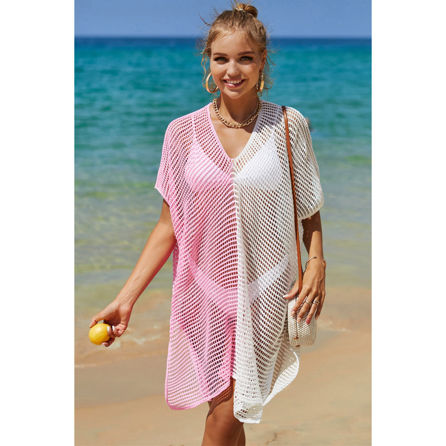 Double Take Openwork Contrast Slit Knit Cover Up Blush Pink / One Size Apparel and Accessories