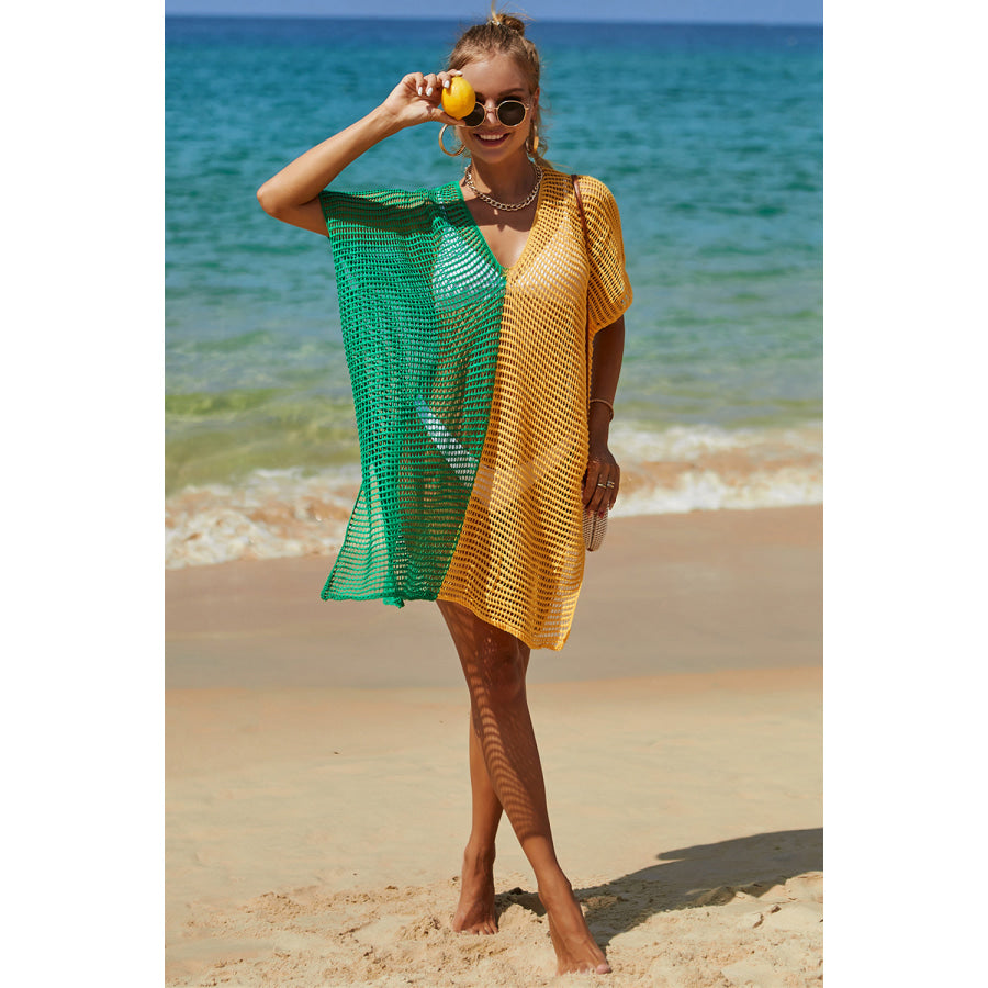 Double Take Openwork Contrast Slit Knit Cover Up Mid Green / One Size Apparel and Accessories