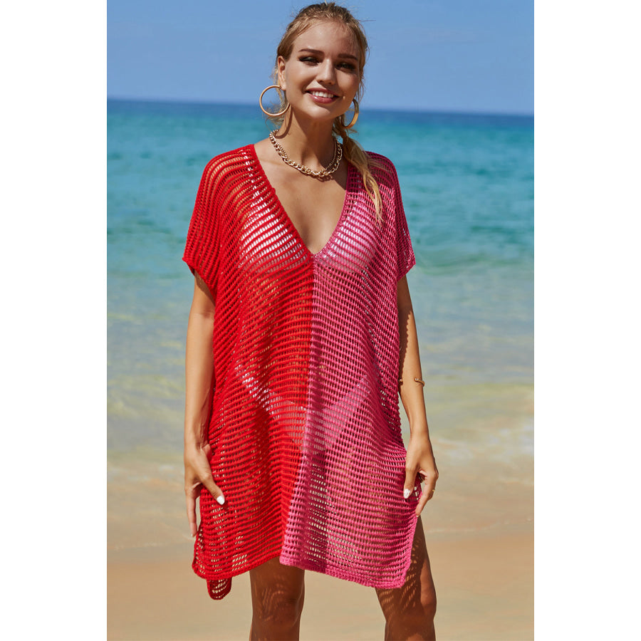 Double Take Openwork Contrast Slit Knit Cover Up Red / One Size Apparel and Accessories