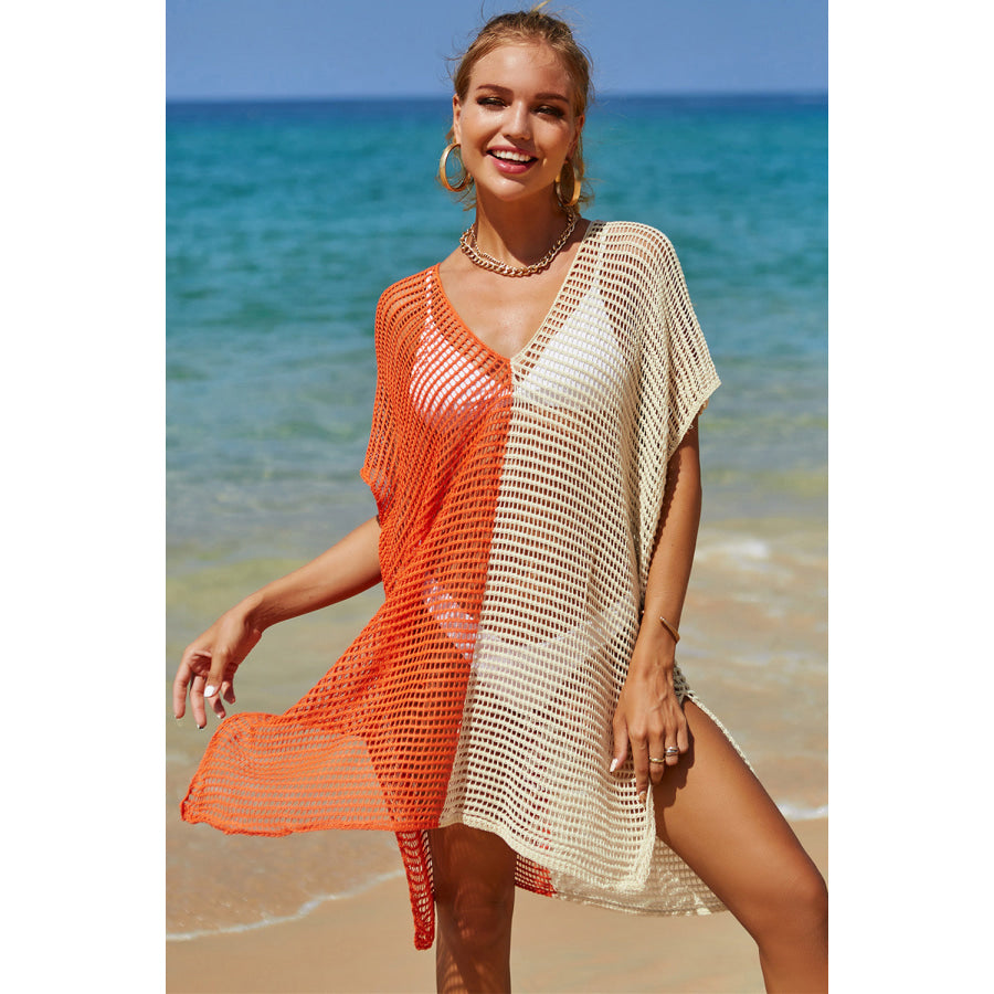 Double Take Openwork Contrast Slit Knit Cover Up Tangerine / One Size Apparel and Accessories