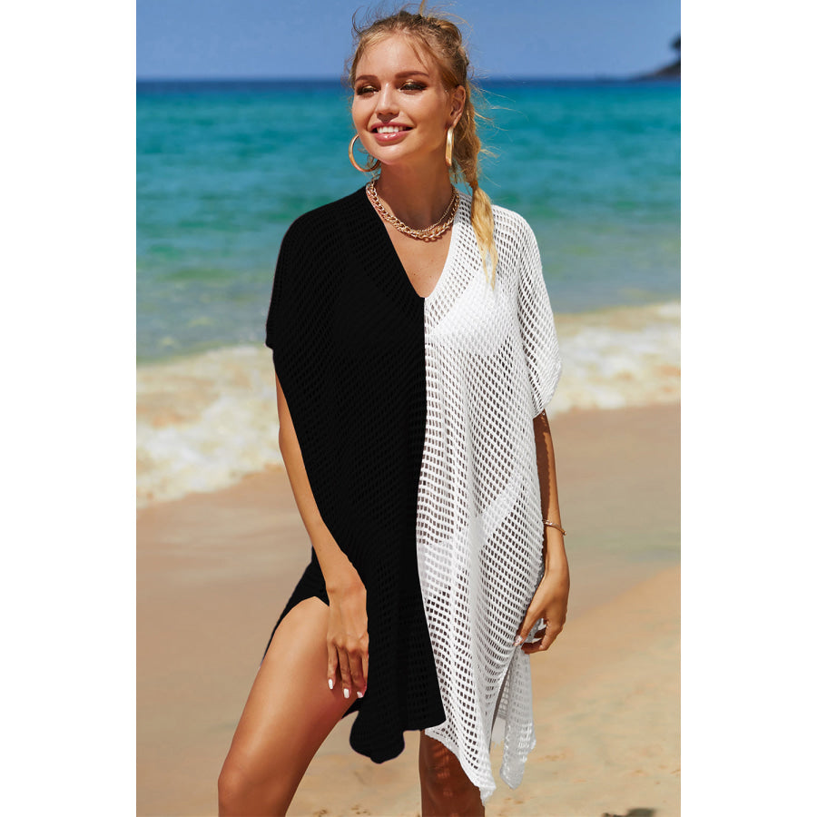 Double Take Openwork Contrast Slit Knit Cover Up White / One Size Apparel and Accessories