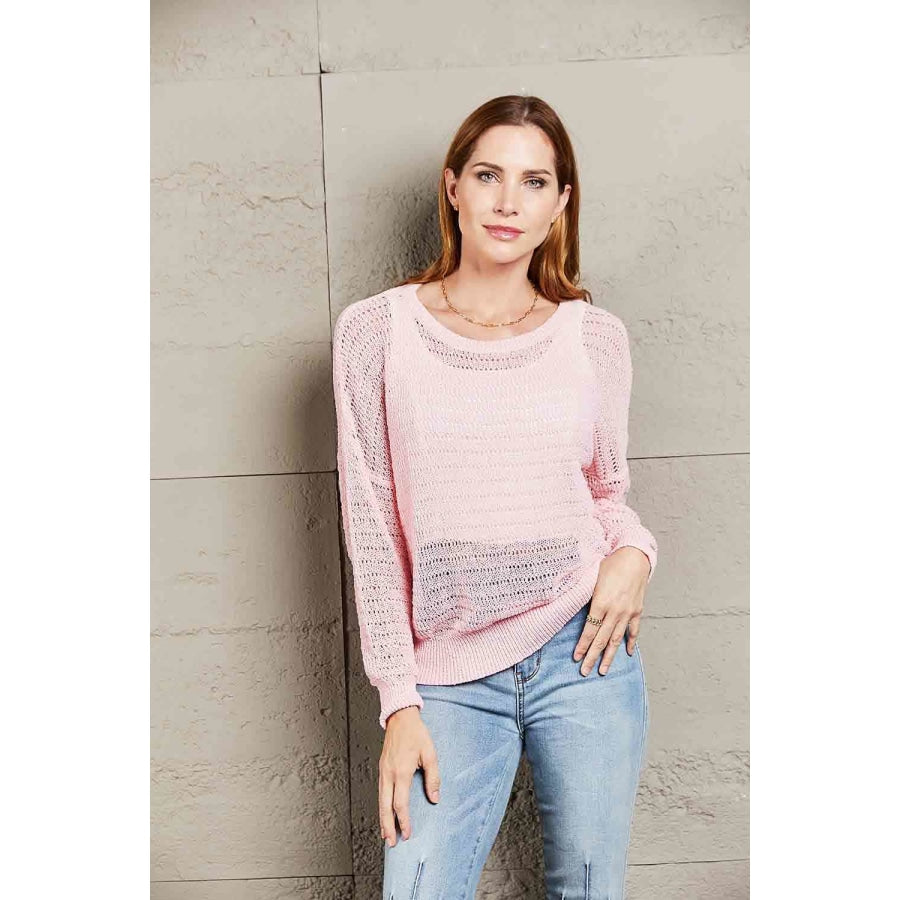 Double Take Openwork Round Neck Dropped Shoulder Knit Top Blush Pink / S Shirts &amp; Tops