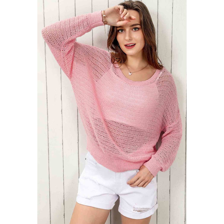 Double Take Openwork Round Neck Dropped Shoulder Knit Top Shirts &amp; Tops