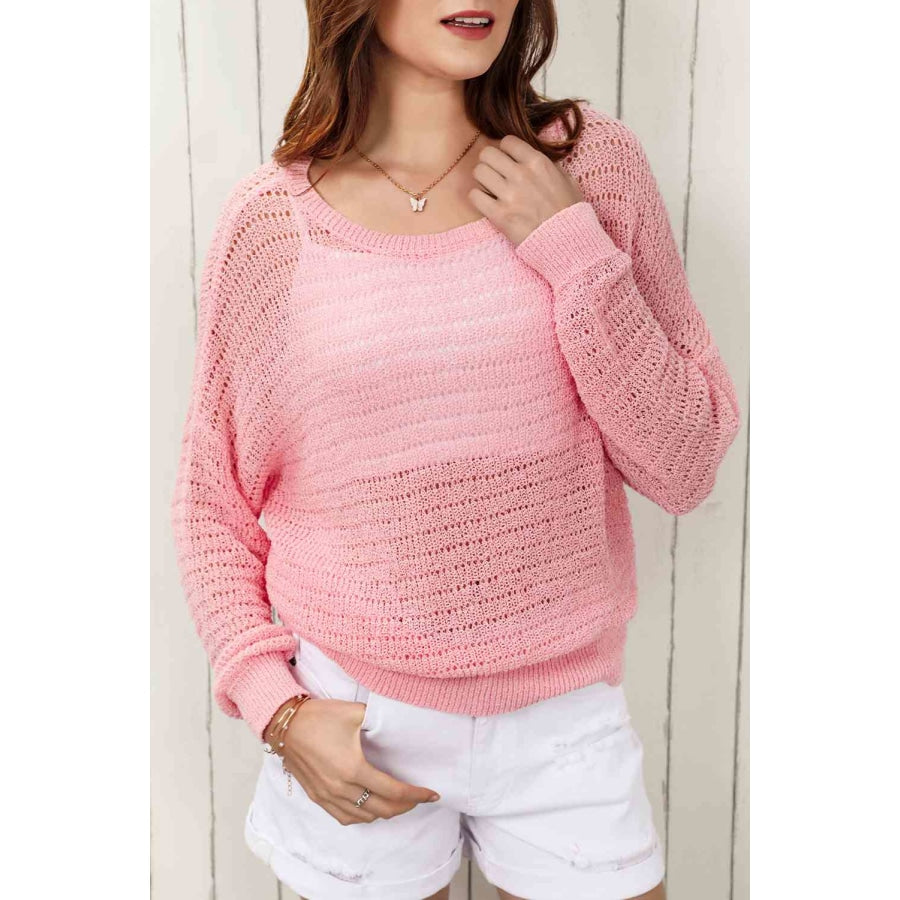 Double Take Openwork Round Neck Dropped Shoulder Knit Top Shirts &amp; Tops