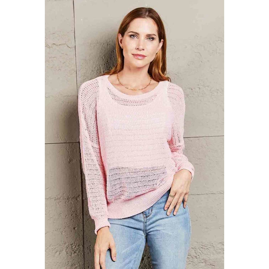 Double Take Openwork Round Neck Dropped Shoulder Knit Top Shirts & Tops