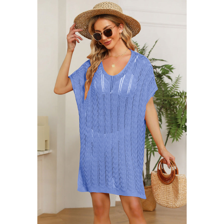 Double Take Openwork Short Sleeve Slit Knit Cover Up Sky Blue / One Size Apparel and Accessories
