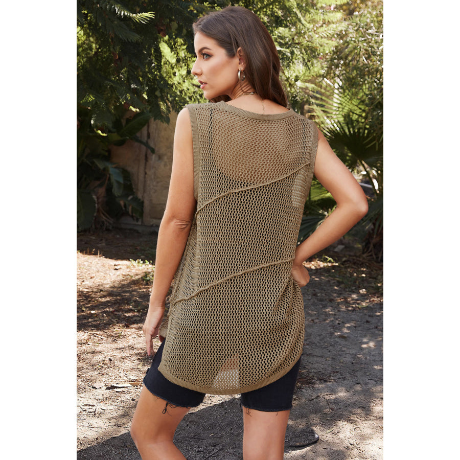 Double Take Openwork Sleeveless Slit Knit Cover Up Apparel and Accessories