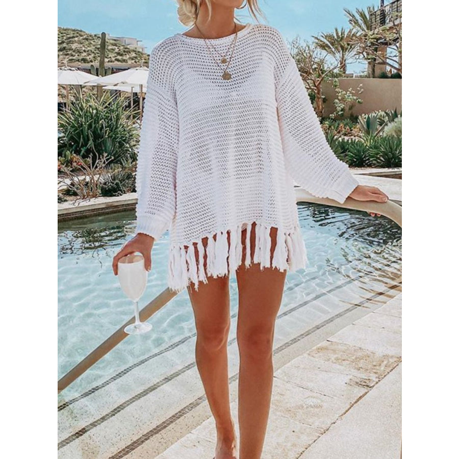 Double Take Openwork Tassel Hem Long Sleeve Knit Cover Up Apparel and Accessories