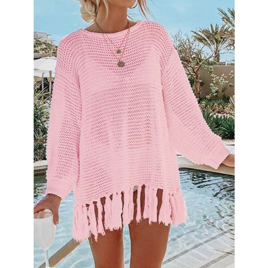Double Take Openwork Tassel Hem Long Sleeve Knit Cover Up Blush Pink / S Apparel and Accessories