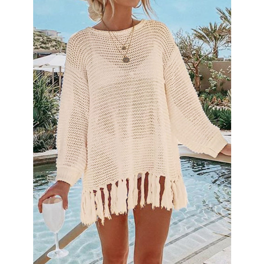 Double Take Openwork Tassel Hem Long Sleeve Knit Cover Up Cream / S Apparel and Accessories