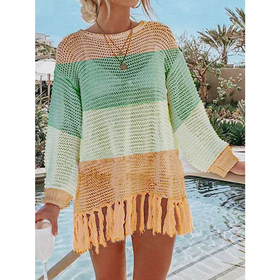 Double Take Openwork Tassel Hem Long Sleeve Knit Cover Up Gum Leaf / S Apparel and Accessories